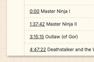 Card with several notes showing YouTube timestamps for MST3K movies