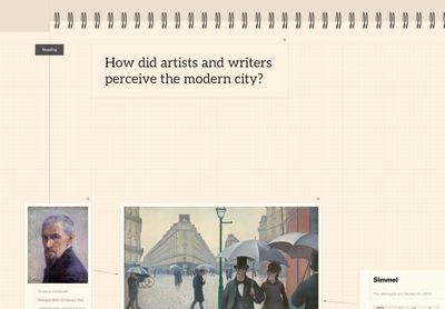 A Loose Thought sheet with the question “How did artists and writers perceive the modern city?” at the top, above cards for Caillebotte and his painting