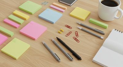 A neatly arranged desk with stationery laid out according to the principle of Knolling