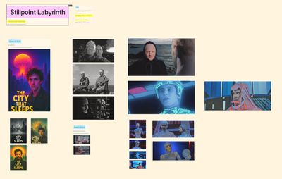 A mood board for a film project called Stillpoint Labyrinth, with images from Seventh Seal, Tron and others