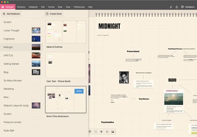 The directory open beside a sheet, with a thumbnail for each notebook and a larger preview of each sheet in the selected notebook