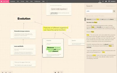 Searching for “plato” in Loose Thought, with the matching notes listed and highlighted in a panel beside a philosophy sheet