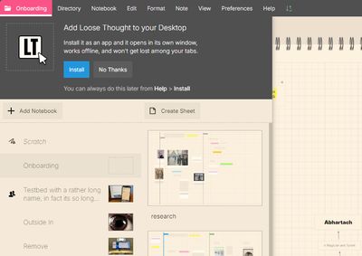 The banner at the top of the directory, “Add Loose Thought to your Desktop,” with Install and No Thanks buttons