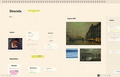 The writing starter sheet, a plan for a novel based on Dracula, with cards for folklore and characters, paintings of England in 1890, and an outline